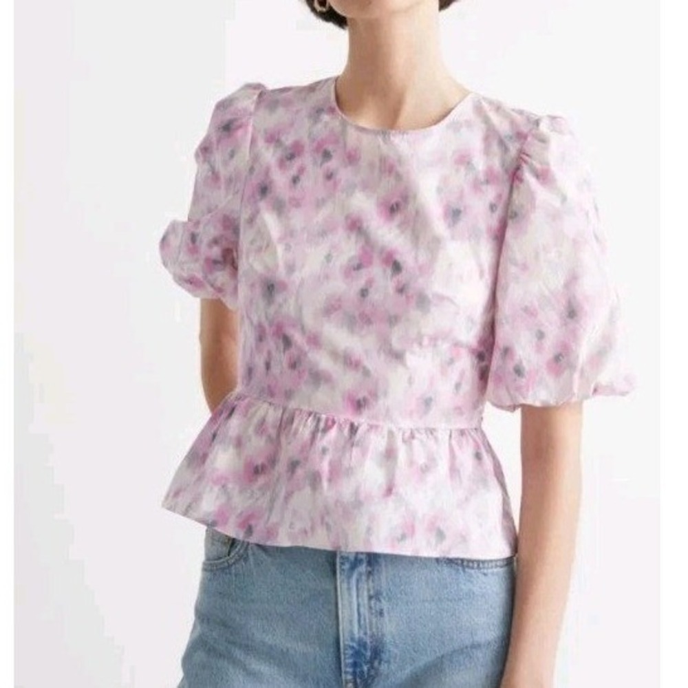 & Other Stories Puff Sleeve Peplum Blouse Womens 4 Pink Floral Back Tie Feminine